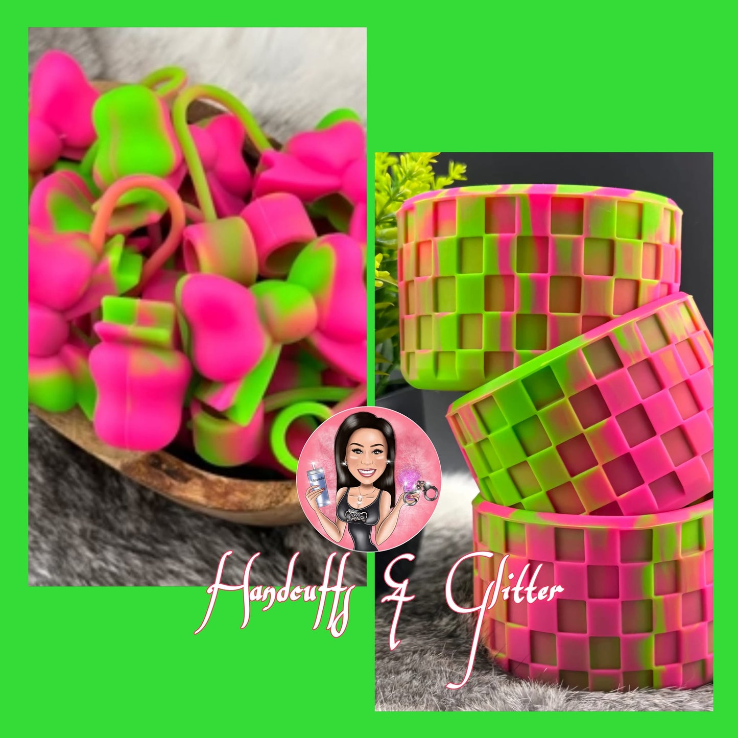 Tumbler Accessories: SET Option = Boot & Straw Topper Set - Lime Green / Hot Pink Tye-dye