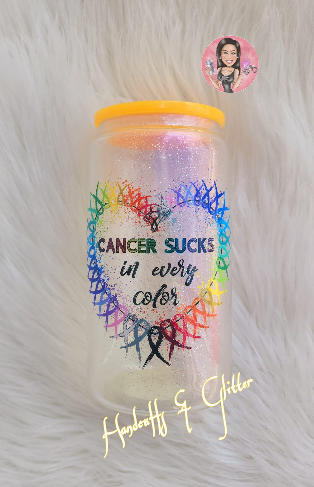 16oz Shimmer Glass Jar - "CANCER SUCKS IN EVERY COLOR"