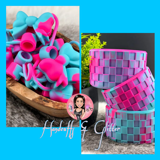 Tumbler Accessories: SET Option = Boot & Topper Set - Neon Blue / Hot Pink Tye-dye