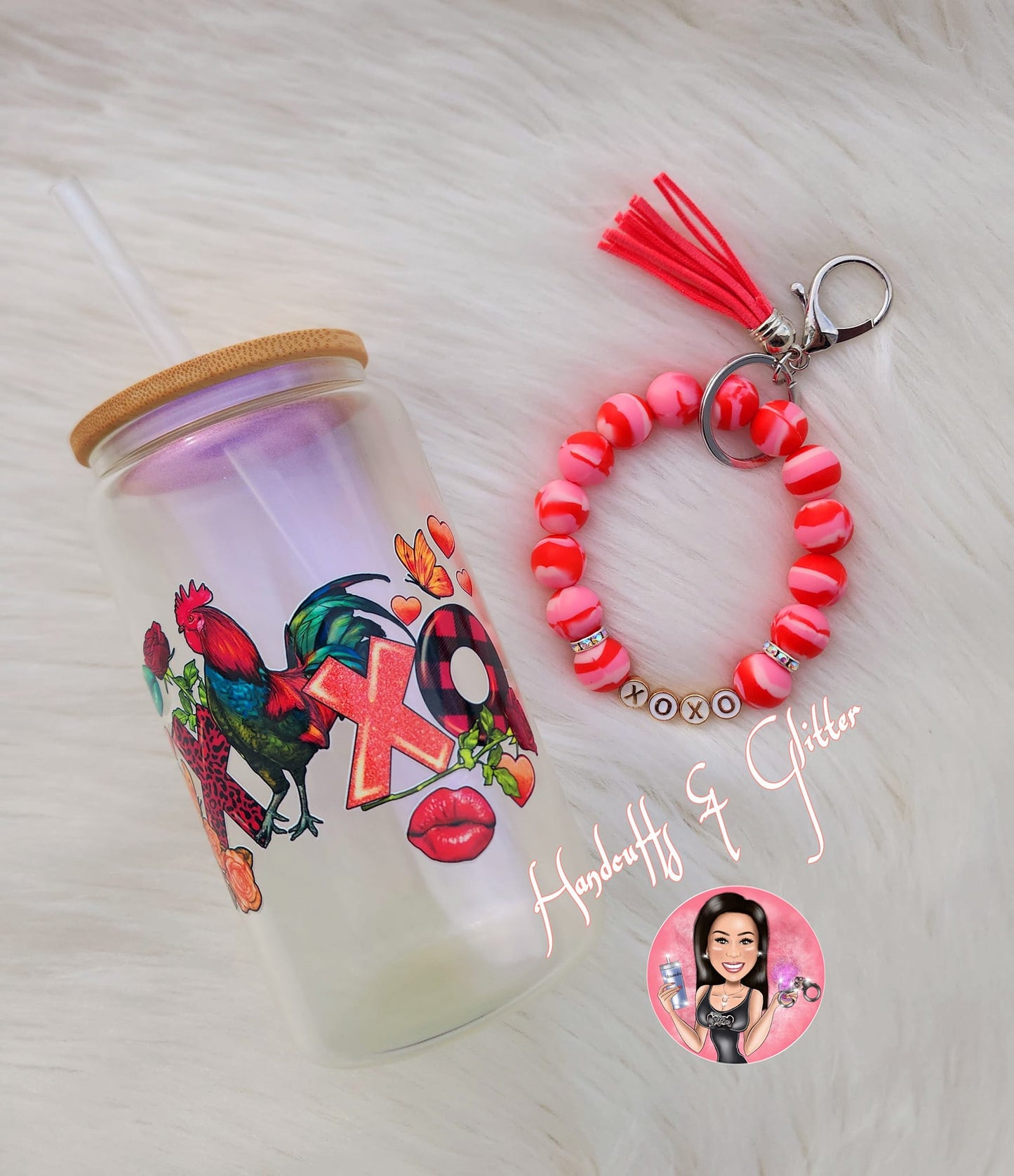 Set: 16oz Shimmer Glass Jar + Wristlet - "XOXO Rooster"