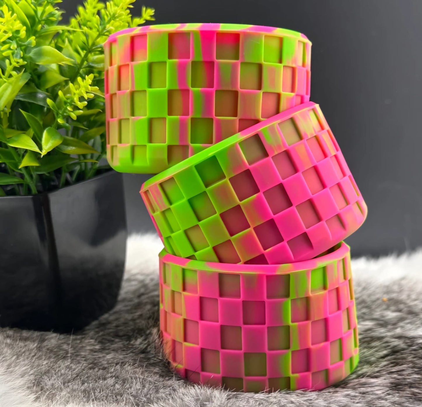 Tumbler Accessories: Silicone Boot - Checker Lime & Pink Tye-Dye