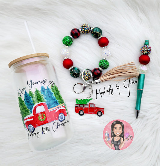 Set: 16oz Shimmer Glass Jar + Wristlet + Beaded Pen - "LITTLE RED TRUCK"