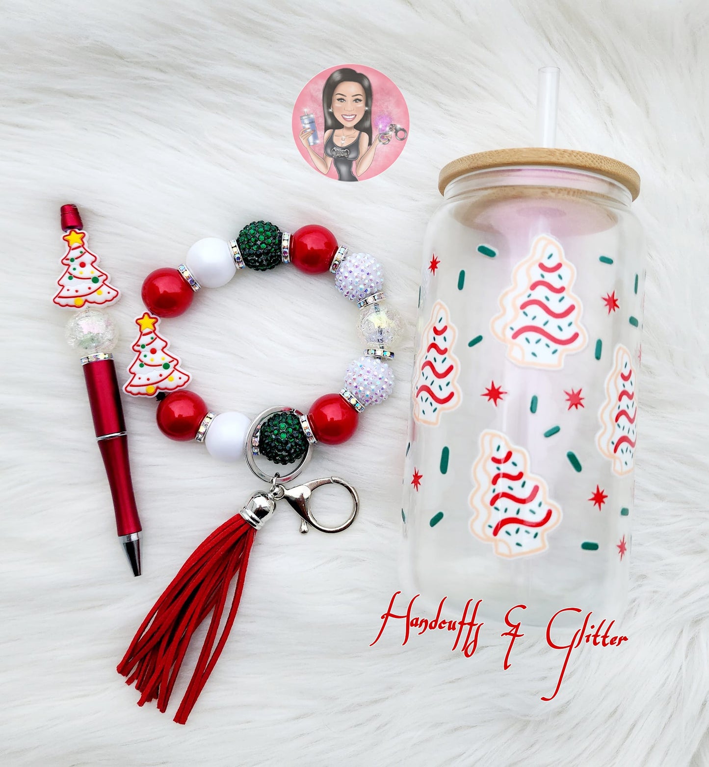 Set: 16oz Shimmer Glass Jar + Wristlet + Beaded Pen "CAKE TREES"