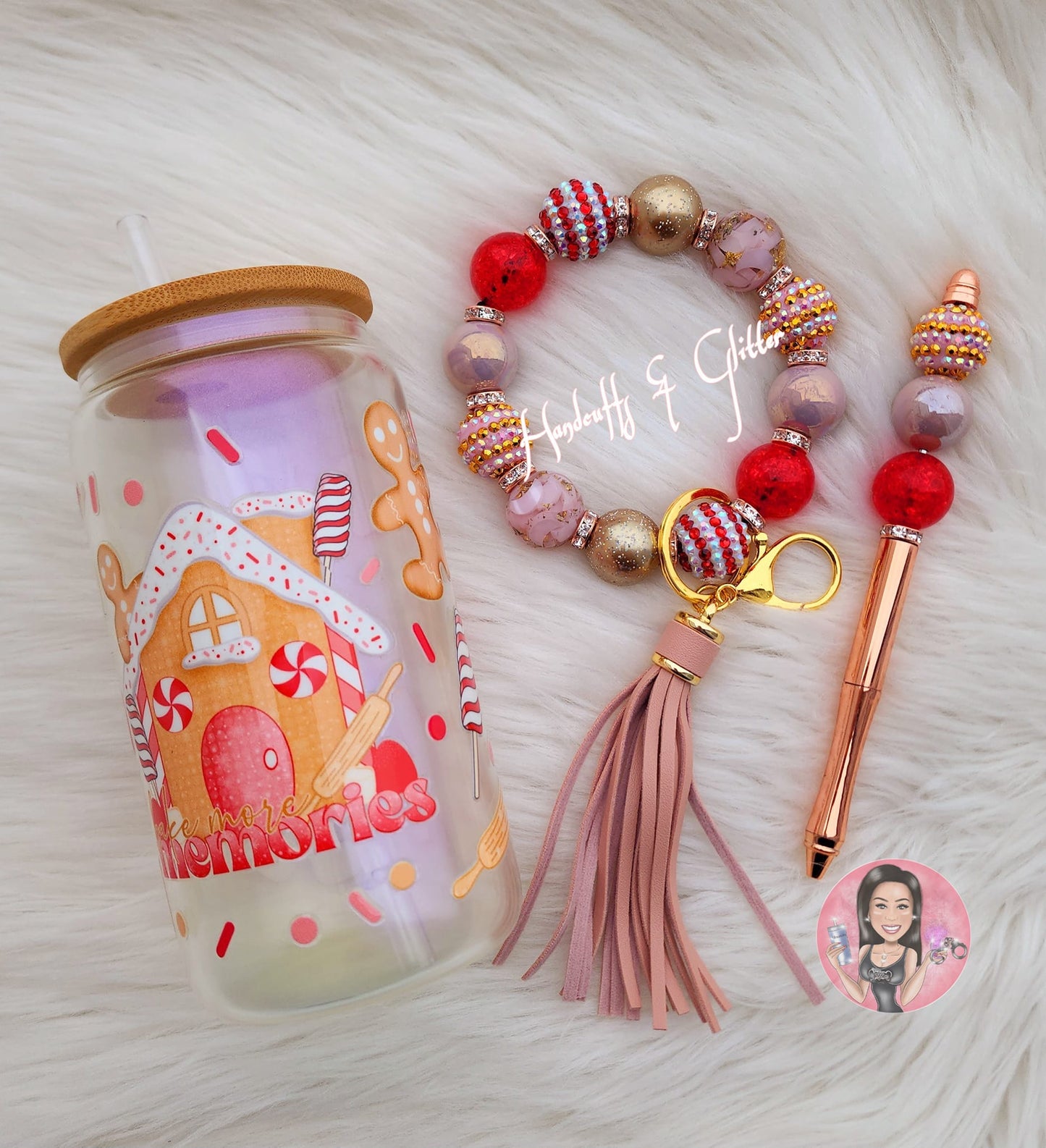 Set: 16oz Shimmer Glass Jar + Wristlet + Beaded Pen "GINGERBREAD HOUSE"