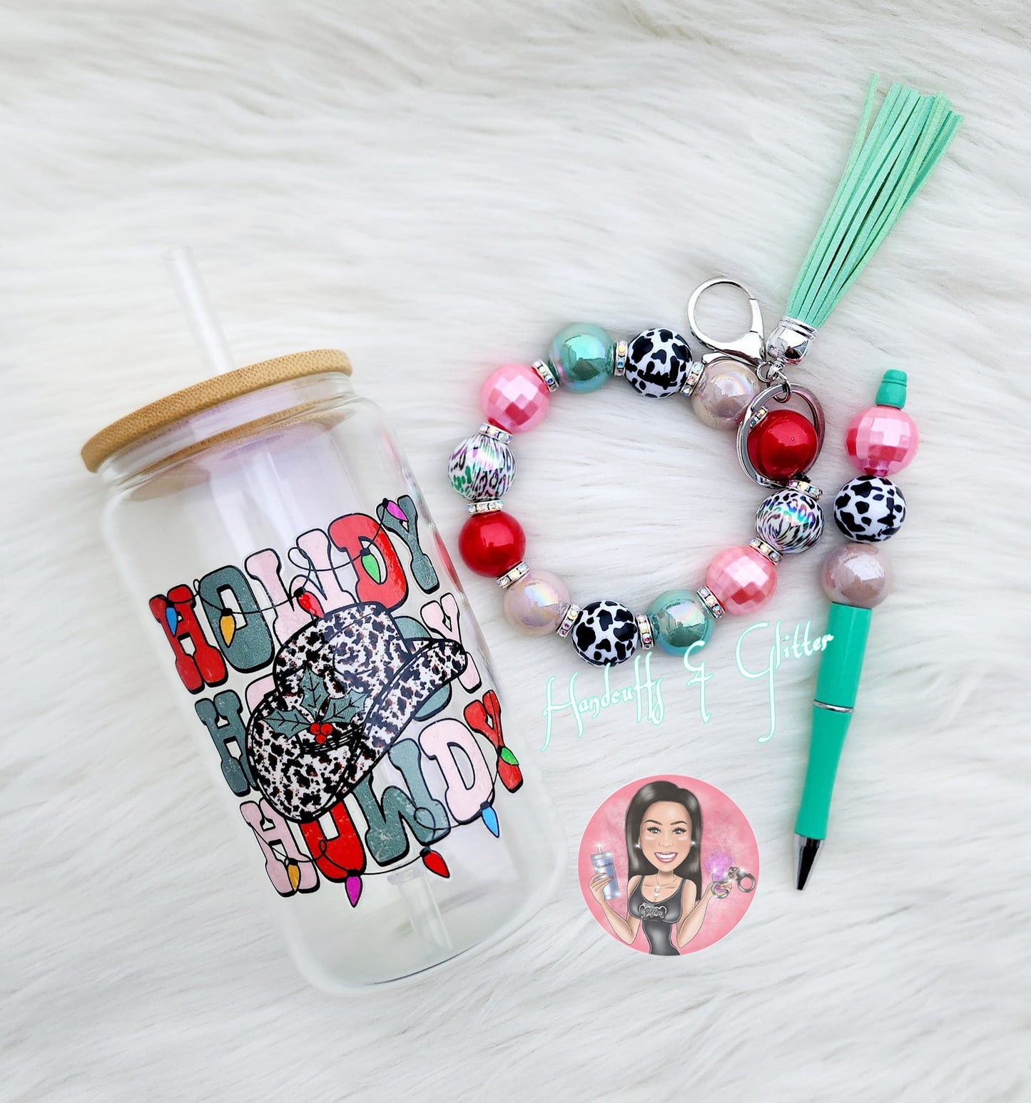 Set: 16oz Shimmer Glass Jar + Wristlet + Beaded Pen "HOWDY"