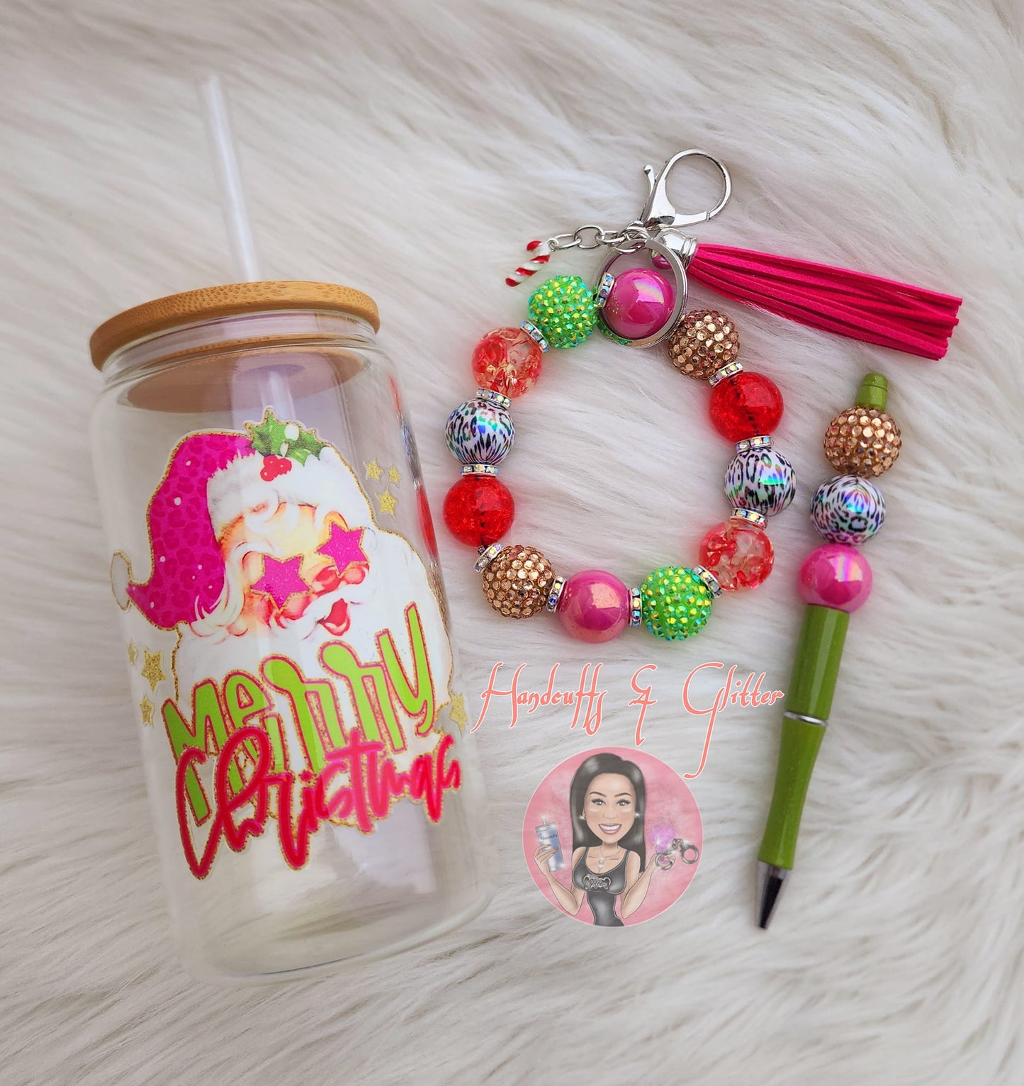 Set: 16oz Shimmer Glass Jar + Wristlet + Beaded Pen "MERRY CHRISTMAS"