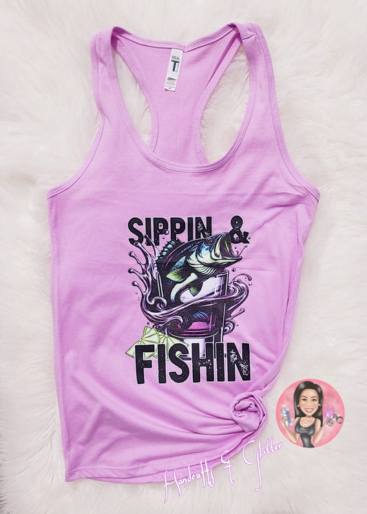 T-Shirt: Ladies Racerback Tank "Sippin & Fishin"