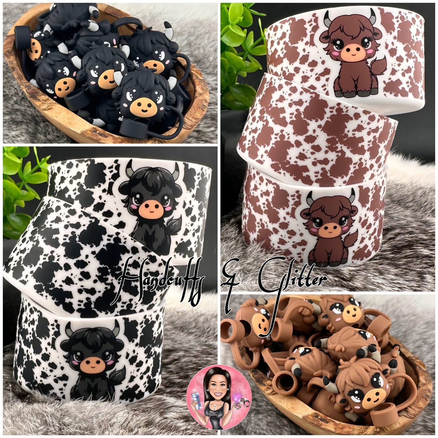 Tumbler Accessories: SET Option = Boot & Straw Topper - Pretty Cows